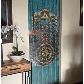 Beaded String Natural Wood Beaded Curtain-90 Strands-Boho Door Beads-Bohemian Doorway Curtain-35.5" W x 78" H-Hand Made-Hand Painted (Hamsa)