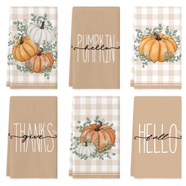 Artoid Mode Eucalyptus Leaves Hello Pumpkin Fall Kitchen Towels Dish Towels, 18x26 Inch Seasonal Give Thanks Decoration Hand Towels Set of 6