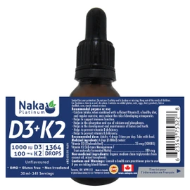 Naka Platinum Vitamin D3 + K2 in MCT oil, 1364 drops, Unflavoured, Made in Canada (30ml - 341 servings)