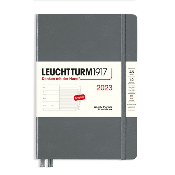 LEUCHTTURM1917 - Weekly Planner & Notebook Medium (A5) 2023 with extra booklet, Anthracite (Jan 1 - Dec 31, 2023)