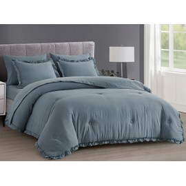 Chezmoi Collection Eleanora Full Bed in a Bag 7-Pieces Ruffled Edge Trim Stone Washed Double Brushed Microfiber Comforter with Sheets Lightweight All Season Bedding Set (Full, Dusty Blue)