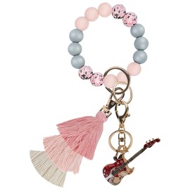 XSBQBC Women Silicone Keychain Bracelet Beaded Wristlet Key Ring Pink Bangle