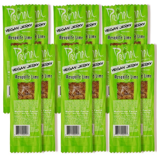 Primal Spirit Vegan Jerky – “Classic Flavor” – Mesquite Lime, 10 g. Plant Based Protein, Certified Non-GMO, No Preservatives, Sports Friendly Packaging (12 Pack, 1 oz)