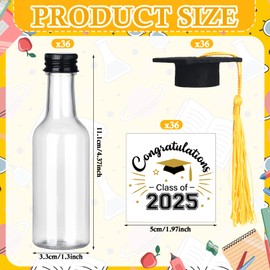 Honeydak 36 Pack Graduation Mini Liquor Bottles Hot Sauce Bottles with Mini Graduation Caps with Tassels Black Cap Bottle Toppers and Class of 2025 Graduation Stickers Set for Graduation Party Favor