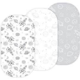 TansyPanda Bassinet Sheets for Baby Delight Snuggle Nest, Chicco LullaGo, Fisher-Price Soothing, SNOO Smart, 3PC, 18 x 30 Inch, Ultra Soft, Breathable, Snug Fit, Unisex Boys, Girls (Space Rockets)