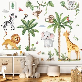 decalmile Wall Sticker Jungle Animals Tree Large Wall Sticker Safari Giraffe Elephant Lion Zebra Monkey Vines Wall Sticker Baby Room Nursery Bedroom Wall Decoration