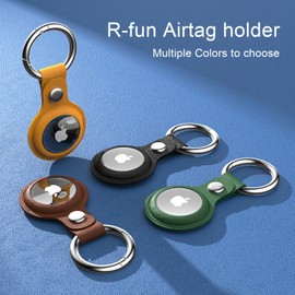 R-fun Airtag Holder with Keychain and Protector, [4 Pack] Protective PU Leather AirTag case Cover with Key Rings and Lock for Wallet, Dog Collar, Luggage, and Keys.-Black/Green/Brown/Yellow