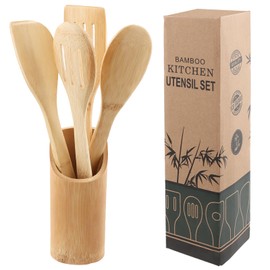 Wooden Bamboo Spoon Set Including Container - Sustainable Kitchen Aid - Cooking Spoon, Spatula, Perforated Trowel, Storage Container