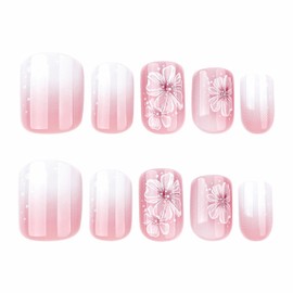 BABALAL Short Nails Press on Square Fake Nails Pink White Ombre Glue on Nails Flower Natural Acrylic Nails Design False Nails Art 24Pcs Squoval Full Cover Artificial Nails for Women Girls