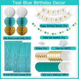 Happy Birthday Party Decorations, Banner Balloons Tassel Garland Decor Supplies for Women Girls Teens(Teal Blue and Gold)