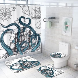 Coxila Nautical Octopus Shower Curtain Sets Fun Funny Ocean Sailboat Beach Sea Toilet Lid Cover U Shaped Bath Mat 4 Pcs Decor Bathroom Non-Slip Rug Fabric Polyester 60x72 Inch