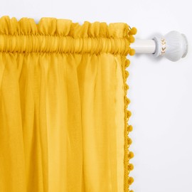 Elegant Comfort Semi-Sheer Pom Pom Tassels Curtains - 2 Panels Set - with 2inch Rod Pocket - Solid Sheer Curtain Drapes for Living Room, Bedroom, W60 X L84, Neon Yellow