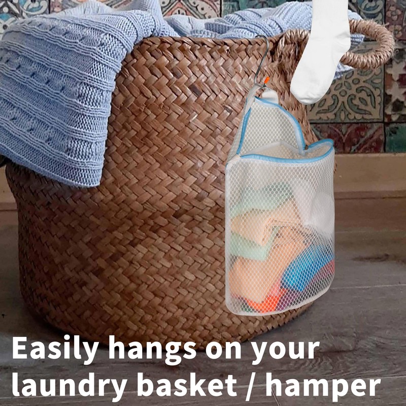 3Pcs Hanging Laundry Bags for Socks with S Hooks, 12