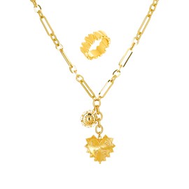 2 Pcs Chunky Gold Necklaces for Women with Thick Gold Ring, Sun Heart Charms Necklace, Fashion Gold Plated Necklace Pendent Heart Chain Necklace, Trending Sacred Puffy Heart Necklace Orange Necklace