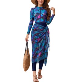 IKADEX Muslim Swimsuits for Women Burkini Swimwear 5 PCS Full Covered Rash Guard Surfing Bathing Suit Wetsuit with Swimming Cap Blue M