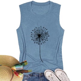 Floral Tank Tops for Teens Novelty Dandelion Graphic Print Hope Tank Tops Summer Basic Firework Pattern Sleeveless Music Party Beach Hiking Outfits Shirt,Ink Blue M