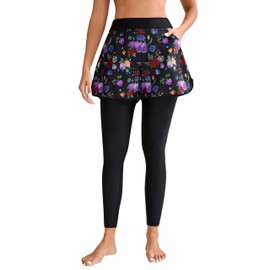 Halcurt Womens Swim Pants with Shorts 27" Swim Leggings Pockets Board Shorts Rash Guard Pants, Black Floral, X-Large