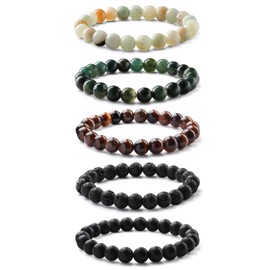 Milacolato 3-5 Pieces Bracelets for Men 8 mm Tiger's Eye Bracelet Men's Black Pearl Bracelet Men's Elastic Lava Stone Bracelet Men's Beads Father's Day Bracelet for Men Jewellery Gifts, Gemstone