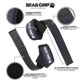 BEAR GRIP Straps - Premium Neoprene Padded, Double Stitched Heavy Duty Weight Lifting Straps with Gel Grip, 100% Cotton, Extra Long Length (Elite Complete Black)