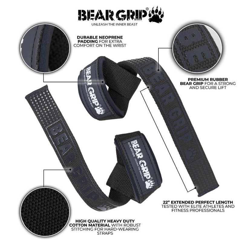 BEAR GRIP Straps - Premium Neoprene Padded, Double Stitched Heavy