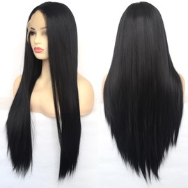 BLUPLE Long Straight 13x6 Lace Front Wigs #1b Black Natural Heat Resistant Synthetic Hair Half Hand Tied Wigs for Women Cosplay Daily Wear (Black, 22 inches)