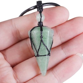 Kyeygwo Hexagonal Crystal Pendant Necklace with Adjustable Leather Rope, Polished Quartz Pointed Stone Healing Reiki Pendant Chain, Green