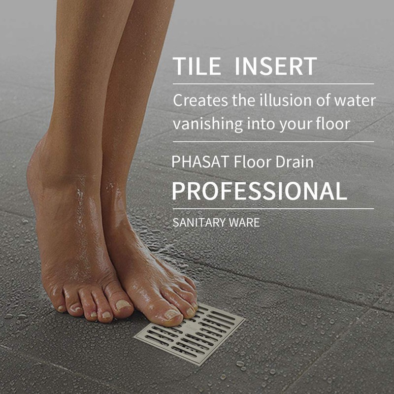 PHASAT Brass Floor Drain Contemporary 4 inches Square, with Removable