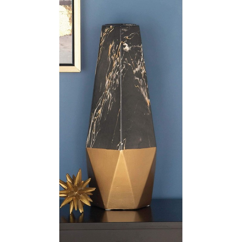 Deco 79 60751 Ceramic Marbling Vase, 18" x 7", Black/White/Gold