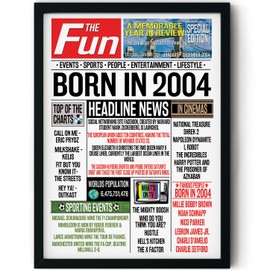 Stuff4 21st Birthday Poster Framed - Born In 2004 Newspaper - Happy 21st Birthday Gifts for Men Women Vintage Retro Back In 2004, 8x10 Inch Twenty-One Twenty-First Bday Party Decor Decoration