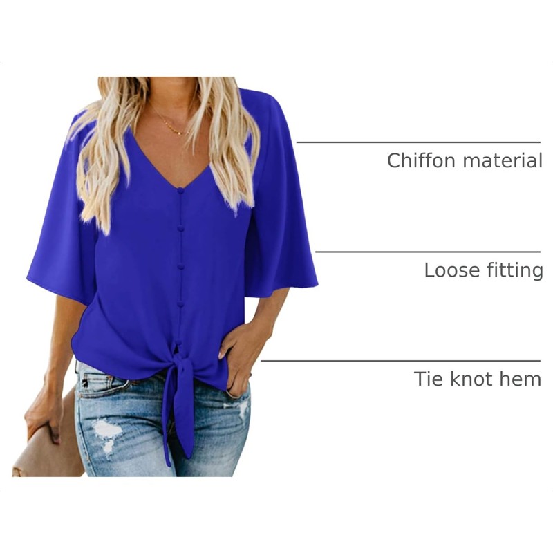 AWULIFFAN Women's Casual V Neck Batwing Sleeve Tops Tie Knot