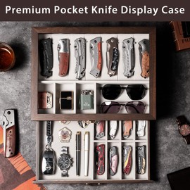 Emfogo Pocket Knife Display Case for Collection of 17-23 folding knife, Pocket Case Knife with Acrylic Top, Two-Tier Knife organizer storage box, Pocket Knife Storage for Men Gift (Walnut)