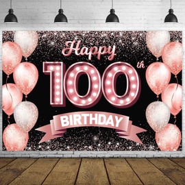 Happy 100th Birthday Rose Gold Banner Backdrop Cheers to 100 Years Old Confetti Balloons Theme Decor Decorations for Women 100 Years Old Pink Birthday Party Bday Supplies Background Favors Glitter