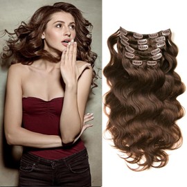 GIVLOVE Dark Brown Color Double Weft Hairpieces for Women,Body Wave Hair Extensions Clip in 14 Inch 7Pcs 70g Clip in Hair Extensions Real Human Hair (2# Dark Brown, 15)