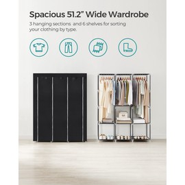SONGMICS Portable Closet, Wardrobe Closet Organizer with Cover, 3 Hanging Rods and Shelves, 4 Side Pockets, 51.2 x 17.7 x 65.7 Inches, Large Capacity for Bedroom, Living Room, Ink Black URYG092B02
