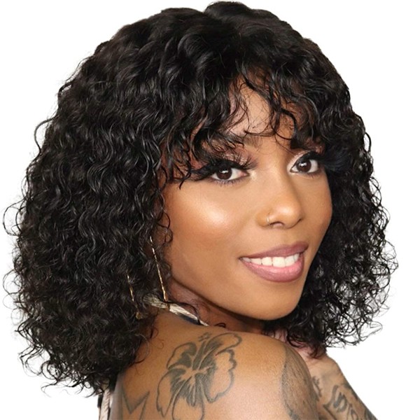 Acantam Curly Wig with Bangs Grade 10A Virgin Human Hair Wig with Bnags for Black Women Kinky Curly Human Hair Wig with Bangs 150% Density Glueless None Lace Front Wigs Natural Black Color(14Inch)