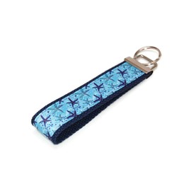Starfish on Blue Ribbon Wristlet Keychain Key Fob