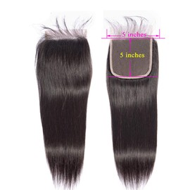 Human Hair 5X5 Lace Closure Straight Preplucked Bleached Knots Swiss Lace Front Free Part With Baby Hair 150 Density 5 By 5 Closure Natural Black 14 Inch