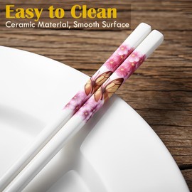 Ceramic Chop sticks Set of 5, Cute Chinese Porcelain Chopsticks dishwasher basket Safe Easy To Clean, 9.7-Inch (Pink Butterfly)