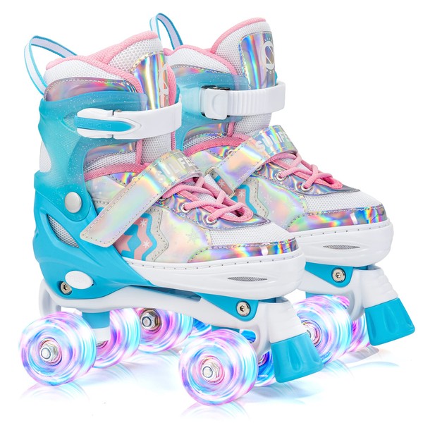 SULIFEEL Rainbow Unicorn 4 Size Adjustable Light up Roller Skates for Girls Boys for Kids Blue Small