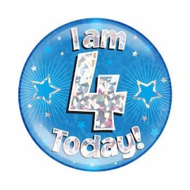 Age 4 Birthday Badge Blue And Silver Stars Holographic Recyclable 4th Birthday Party Badge OTB