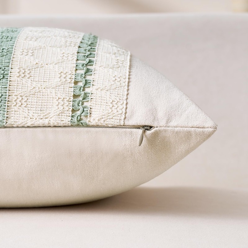Cushion Covers Sage Green Boho Striped Geometric Decorative Cotton Pillowcases