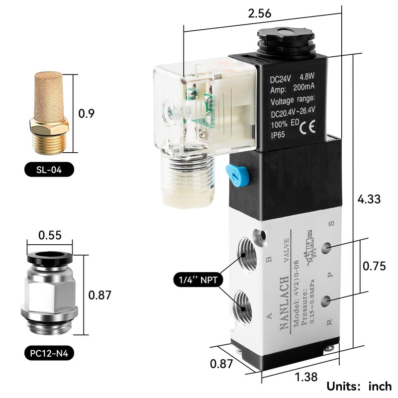 NANLACH 1/4"NPT Solenoid Valve 4V210-08 12V/24V/110V/220V Single Coil Pilot-Operated Electric