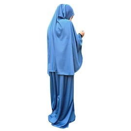 Yaqeen Prayer Set Headscarf and Skirt Prayer Dress Khimar Pull On Stretchy Lycra Great for Everyday Home Work Travel Hajj Umrah Mosque Madrasa Ramadan Denim Blue