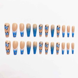 Foccna Artificail Extra Long Press on Rhinestone Nails Butterfly Fake Nails with Sequins Glitter Acrylic Blue Full Cover Fake Nails with Design Nail Tips for Women&Girls, 24PCS