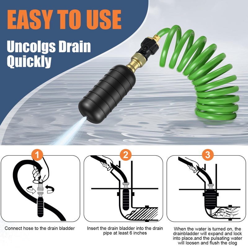 3 Pcs Drain Bladder Kit, Drain Cleaning Bladder Fits 1"