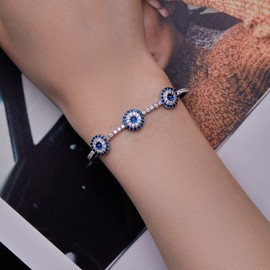 VOROCO Evil Eyes Bracelet for Women Teen White Gold Plated 925 Sterling Silver Blue Evil Eyes Link Bracelet with Cubic Zirconia