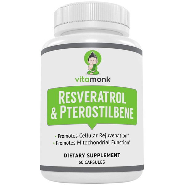 Resveratrol with Pterostilbene 600mg/60mg - No Artificial Fillers by VitaMonk™ - Healthy Aging and Longevity Supplement - 60 Capsules - Precise Formula With Trans Pterostilbene Resveratrol Supplements