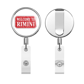 Rimini Grunge Travel Welcome Stamp Round ID Badge Key Card Tag Holder Badge Retractable Reel Badge Holder with Belt Clip