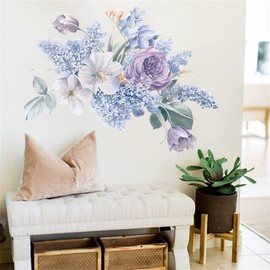 WOHAHA Wall Sticker Flower Violet Blue Purple Flower Wall Sticker Large Flowering Plants Bedroom Living Room Wall Decor Waterproof Wall Sticker Removable Scandinavian Stylish Wall Decor House Stylish