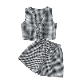 SOLY HUX Women's Summer 2 Piece Outfits Plaid Print Sleeveless Tie Front Tank Top Vest Shorts Beach Vacation Set, Black and White, Small
